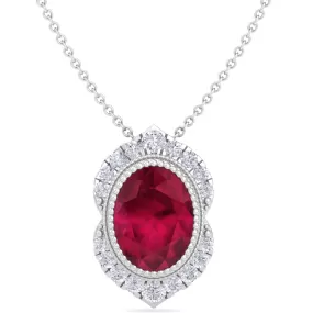 1 3/4 Carat Oval Shape Ruby And Diamond Necklace In 14K White Gold