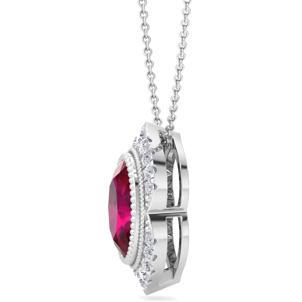 1 3/4 Carat Oval Shape Ruby And Diamond Necklace In 14K White Gold