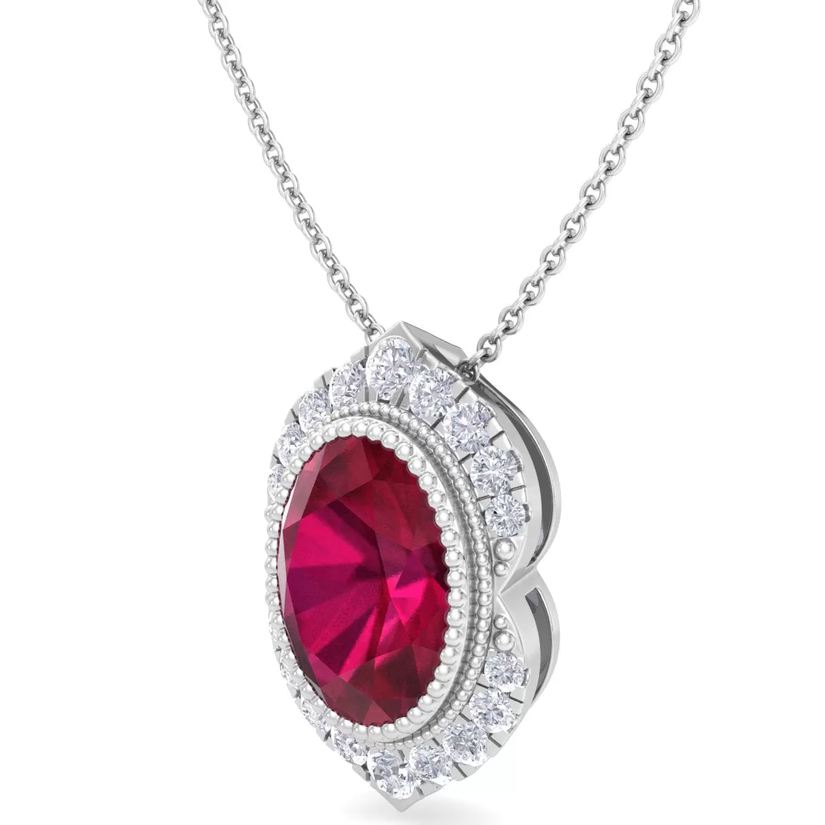 1 3/4 Carat Oval Shape Ruby And Diamond Necklace In 14K White Gold