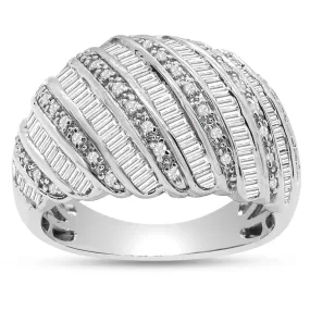 1 Carat Baguette and Round Colorless Diamond Dome Band Ring In Sterling Silver