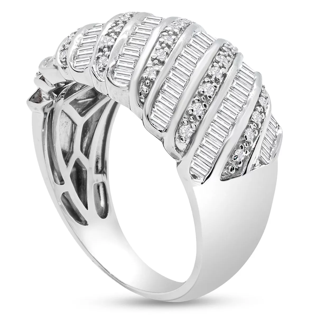 1 Carat Baguette and Round Colorless Diamond Dome Band Ring In Sterling Silver