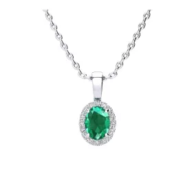 1 Carat Oval Shape Emerald And Halo Diamond Necklace In Sterling Silver With 18 Inch Chain