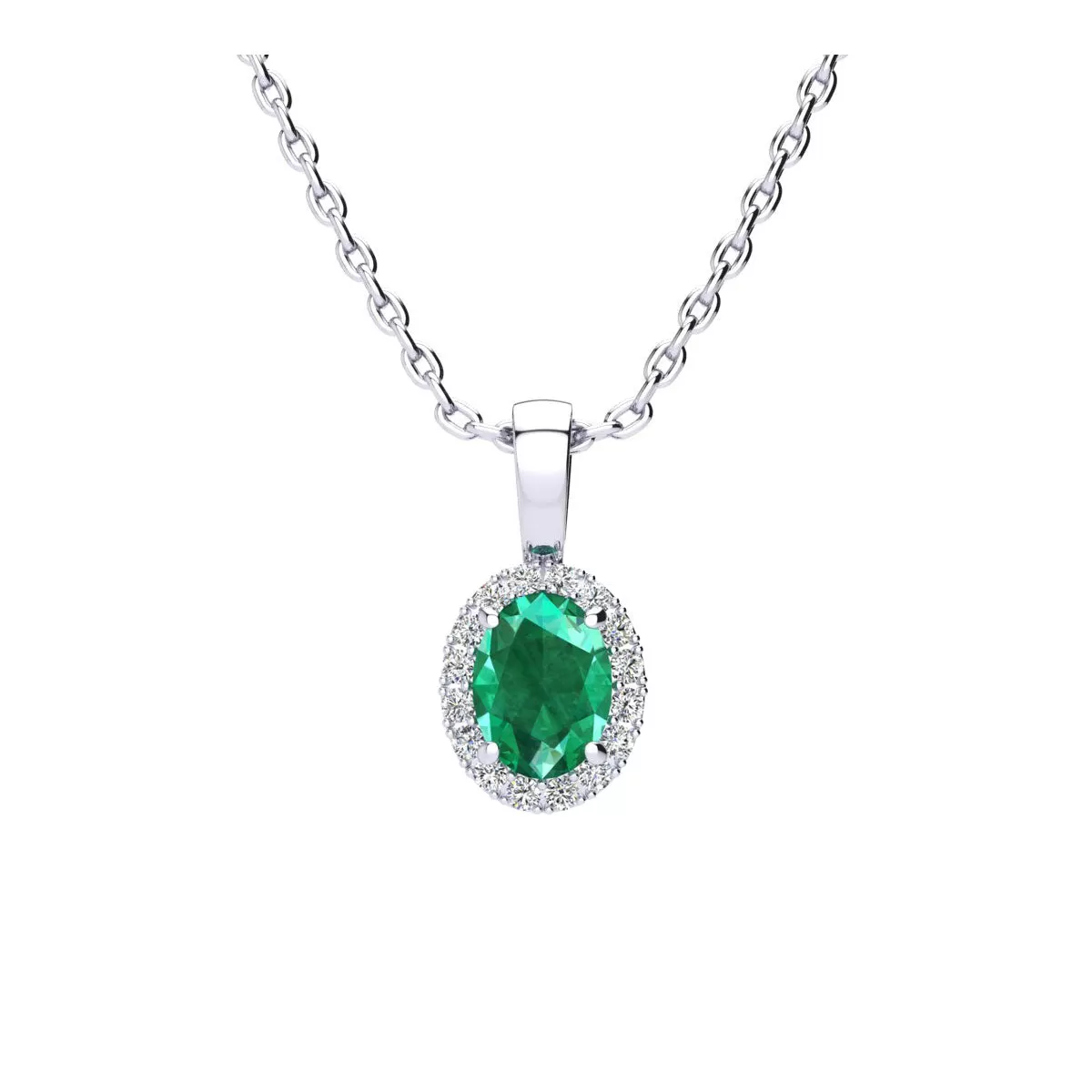 1 Carat Oval Shape Emerald And Halo Diamond Necklace In Sterling Silver With 18 Inch Chain