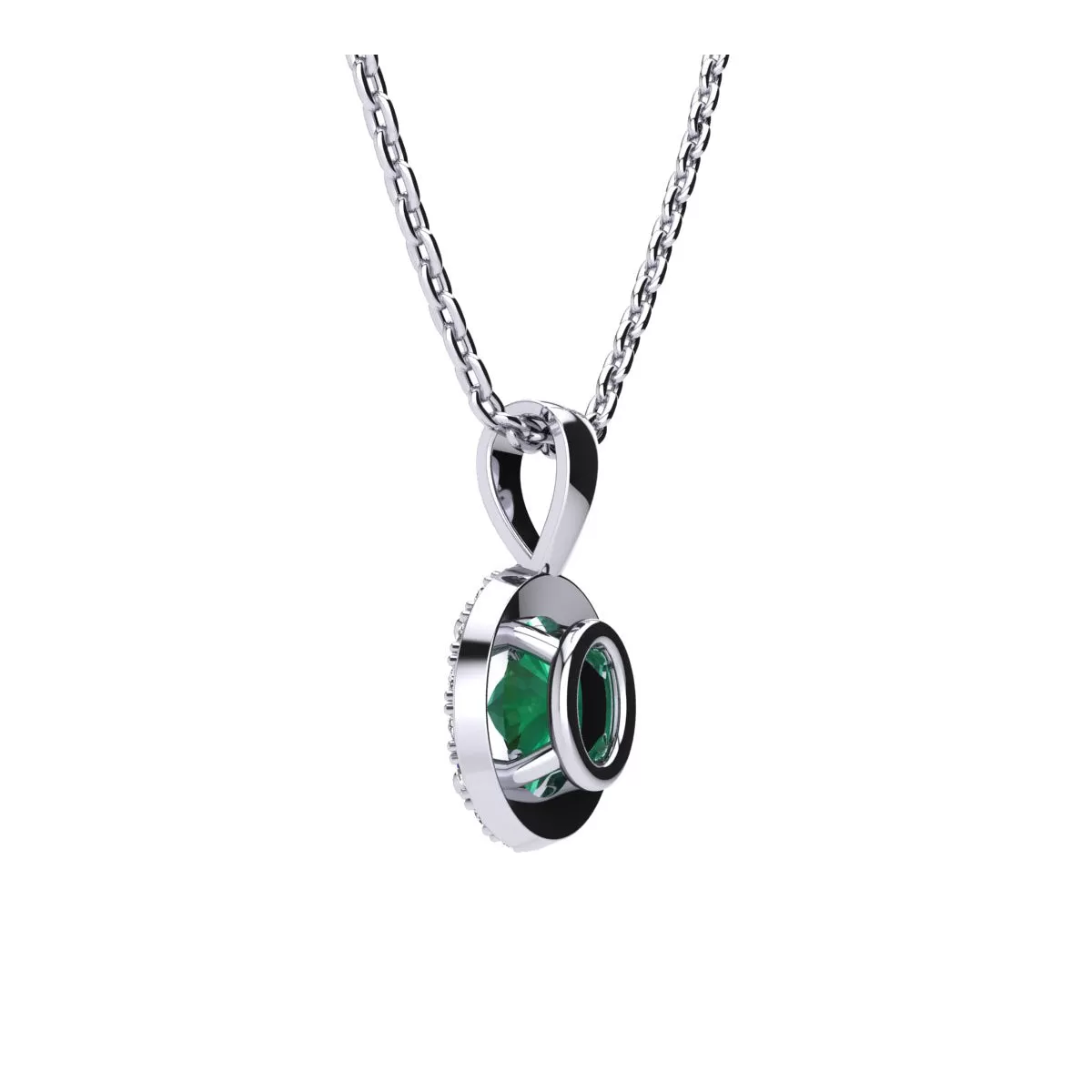 1 Carat Oval Shape Emerald And Halo Diamond Necklace In Sterling Silver With 18 Inch Chain