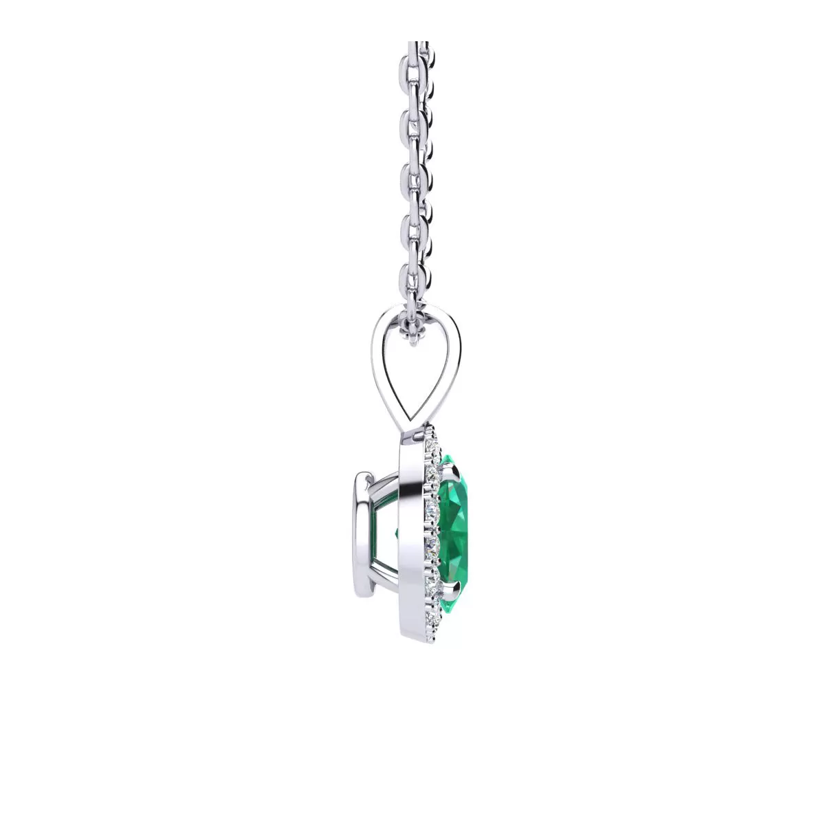 1 Carat Oval Shape Emerald And Halo Diamond Necklace In Sterling Silver With 18 Inch Chain