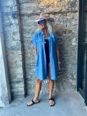 100% Cotton Denim Shirt Dress - Light Blue/ Chambray