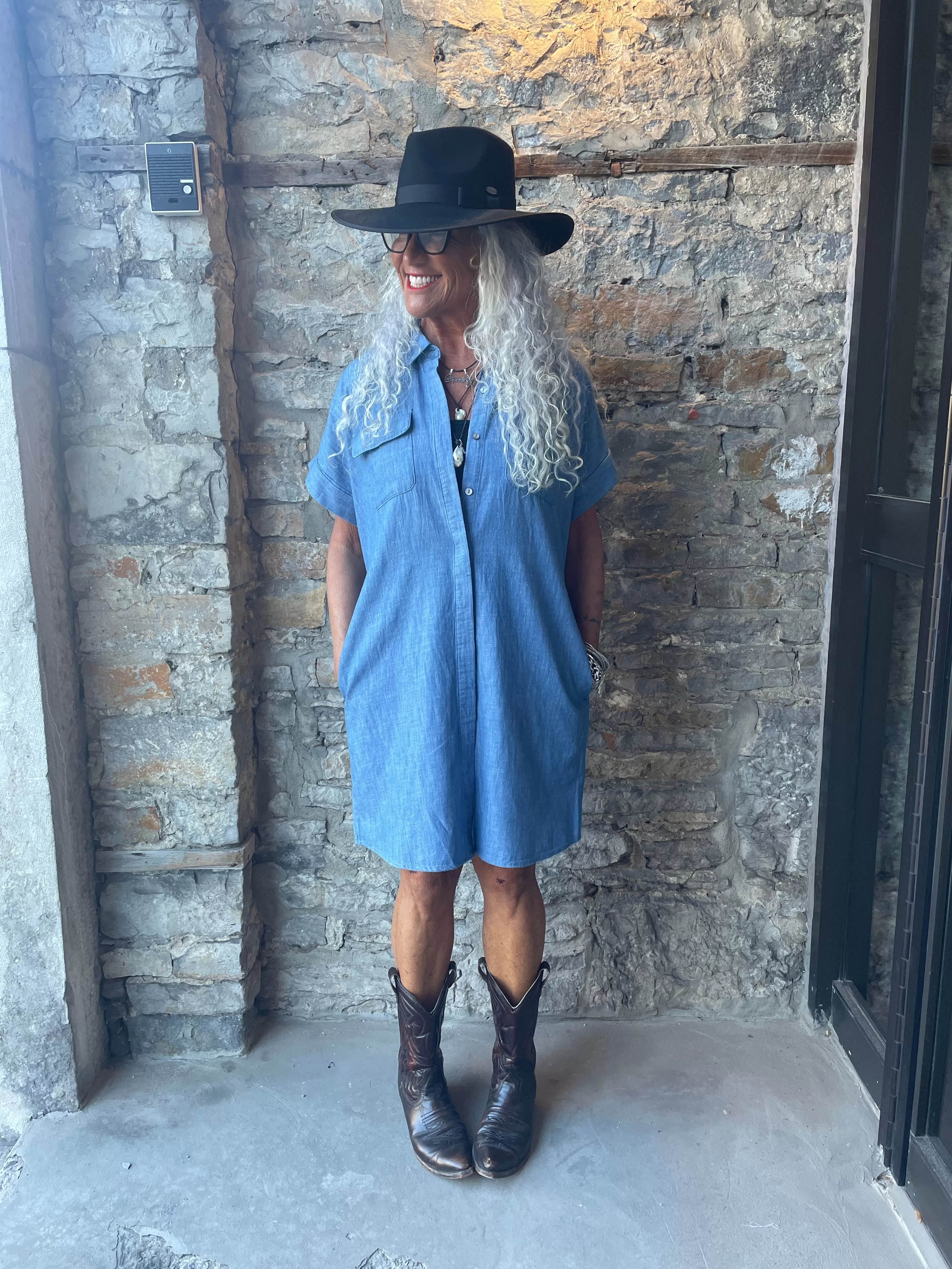 100% Cotton Denim Shirt Dress - Light Blue/ Chambray