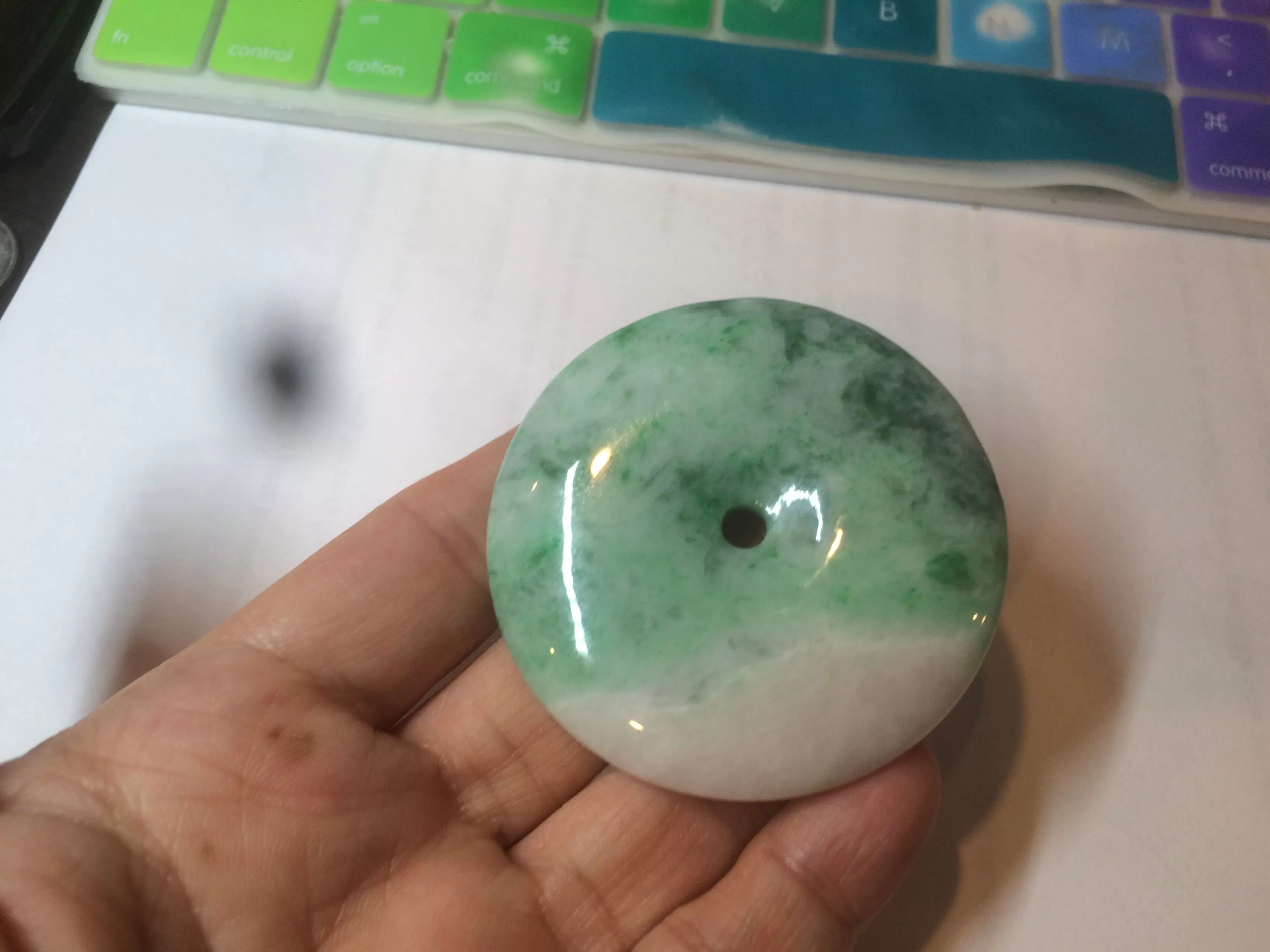 100% Natural sunny green/pink/purple tropical beach jadeite Jade Safety Guardian Button(donut) Pendant/worry stone X123