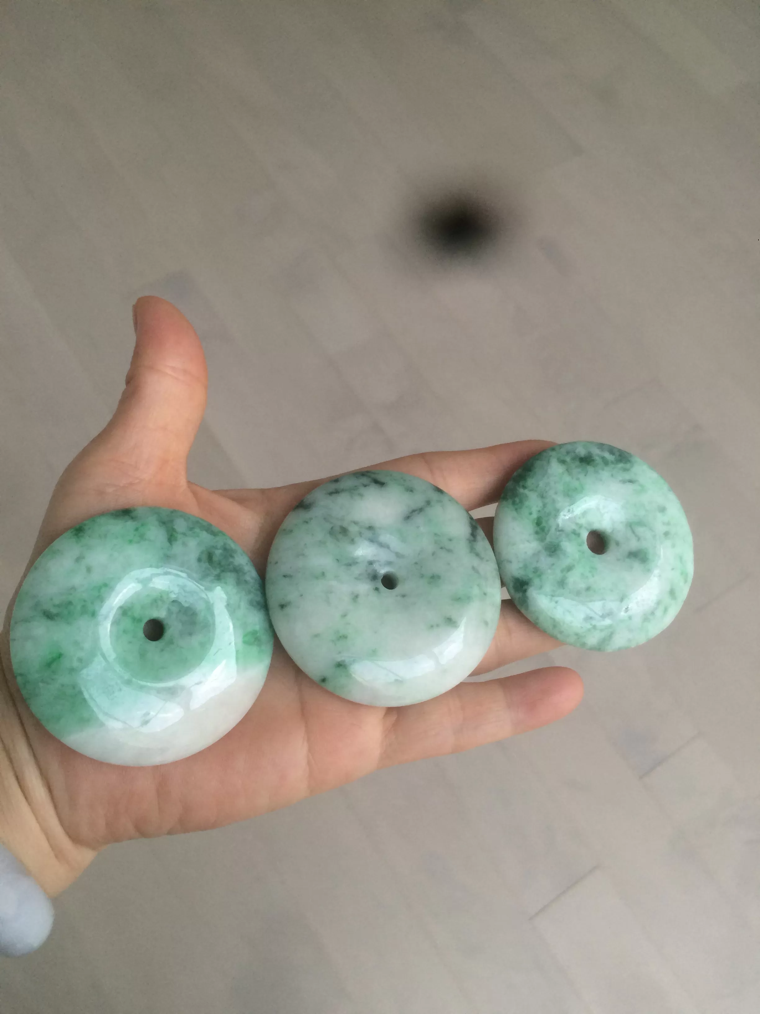 100% Natural sunny green/pink/purple tropical beach jadeite Jade Safety Guardian Button(donut) Pendant/worry stone X123