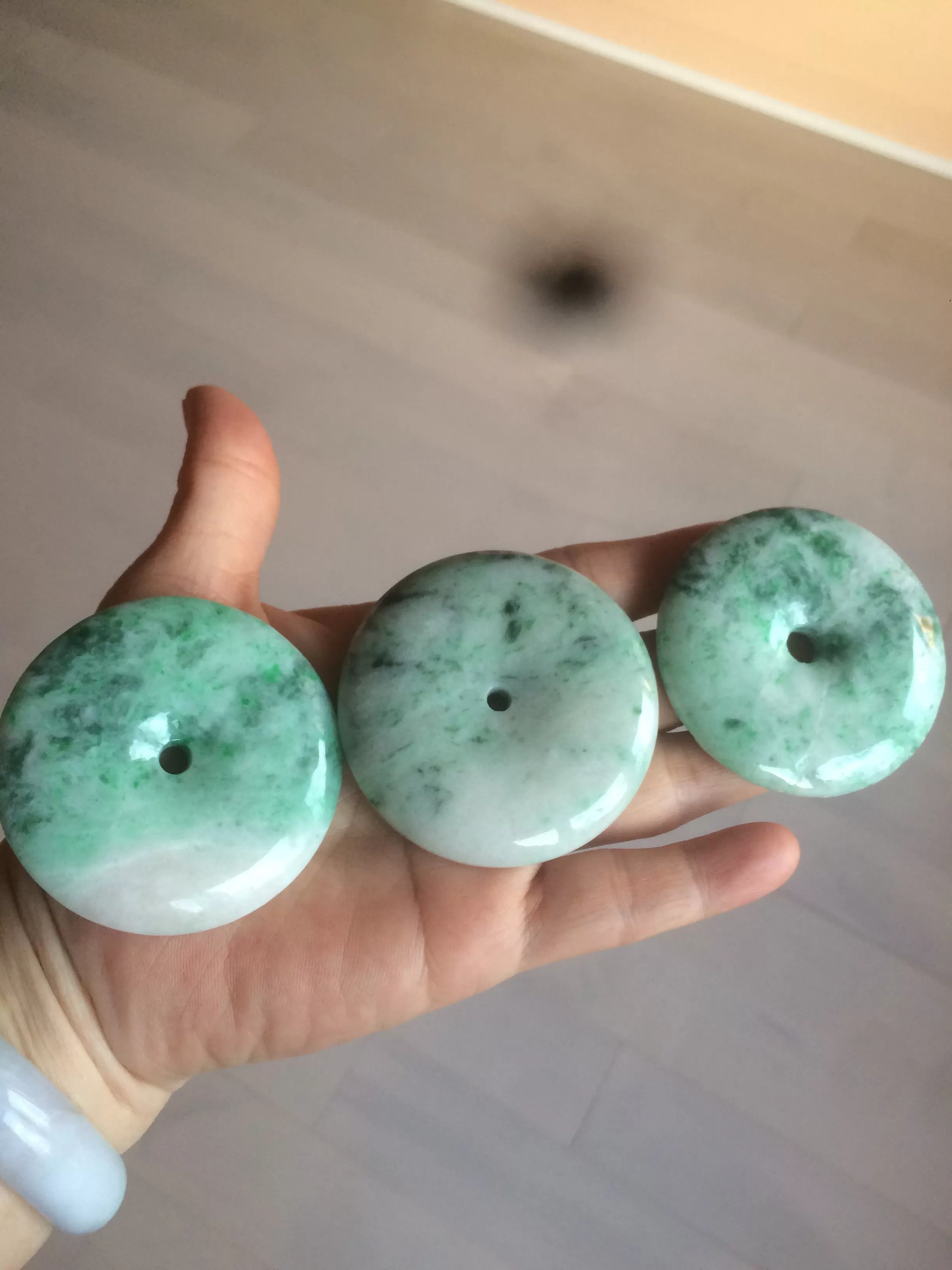 100% Natural sunny green/pink/purple tropical beach jadeite Jade Safety Guardian Button(donut) Pendant/worry stone X123