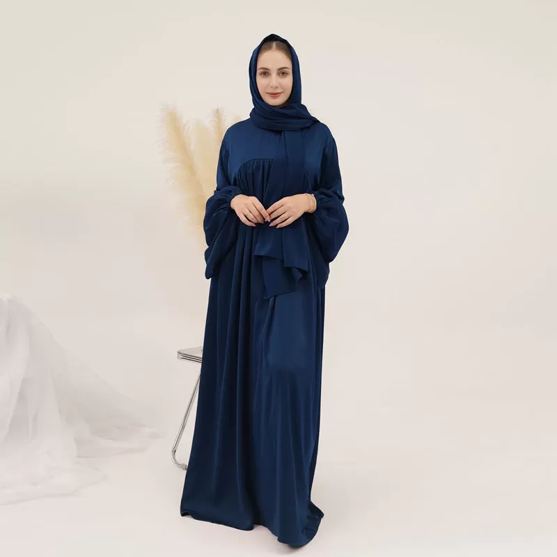 11 Color Options Satin Muslim Women Long Robe Abaya Dress With Pocket