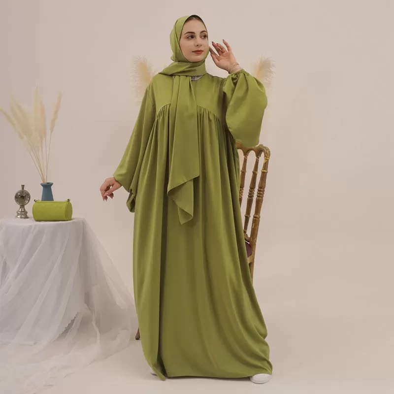 11 Color Options Satin Muslim Women Long Robe Abaya Dress With Pocket