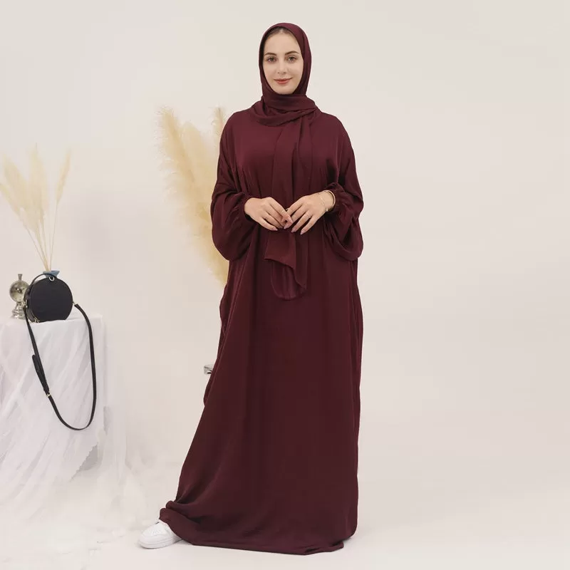 13 Color Options Muslim Women Solid Color Abaya Dress With Hijab Scarf One Piece