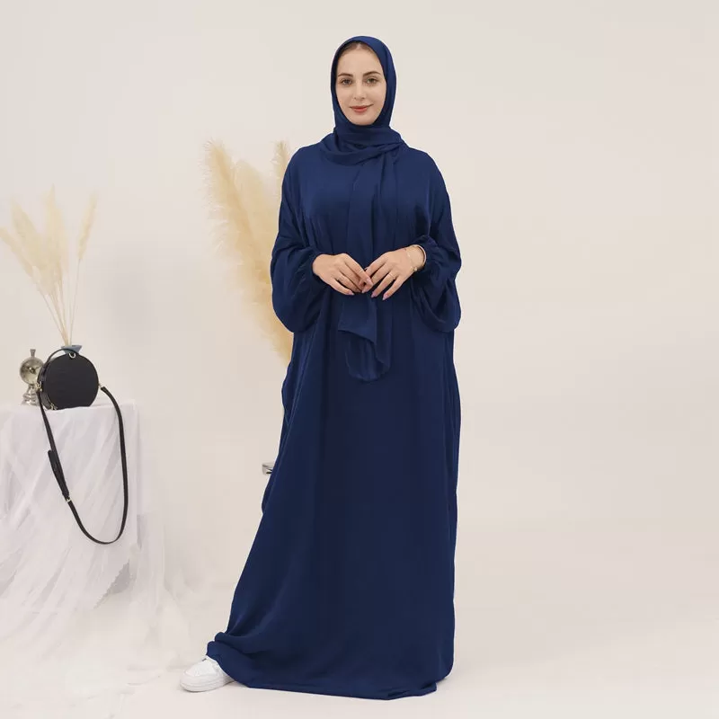 13 Color Options Muslim Women Solid Color Abaya Dress With Hijab Scarf One Piece