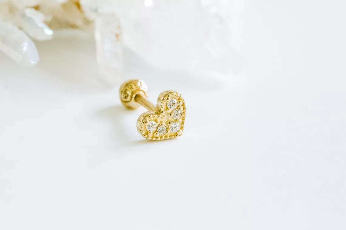 14k Gold Cubic Heart Pendant Barbell Ear Stud Piercing