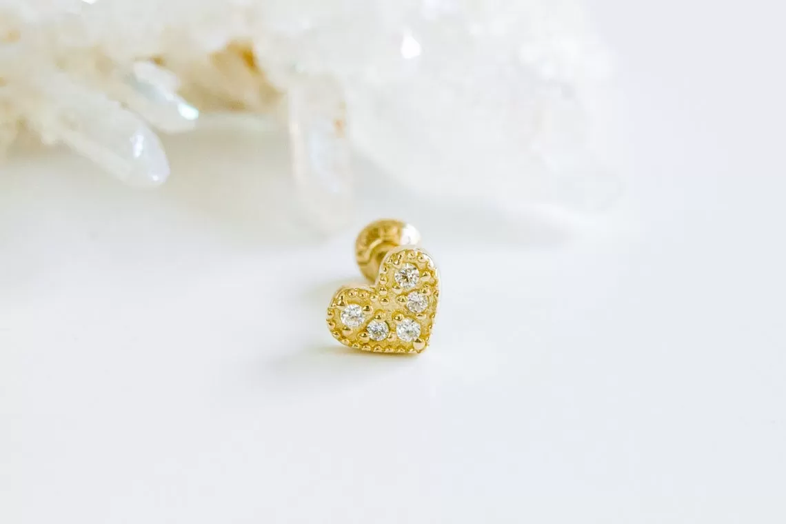 14k Gold Cubic Heart Pendant Barbell Ear Stud Piercing