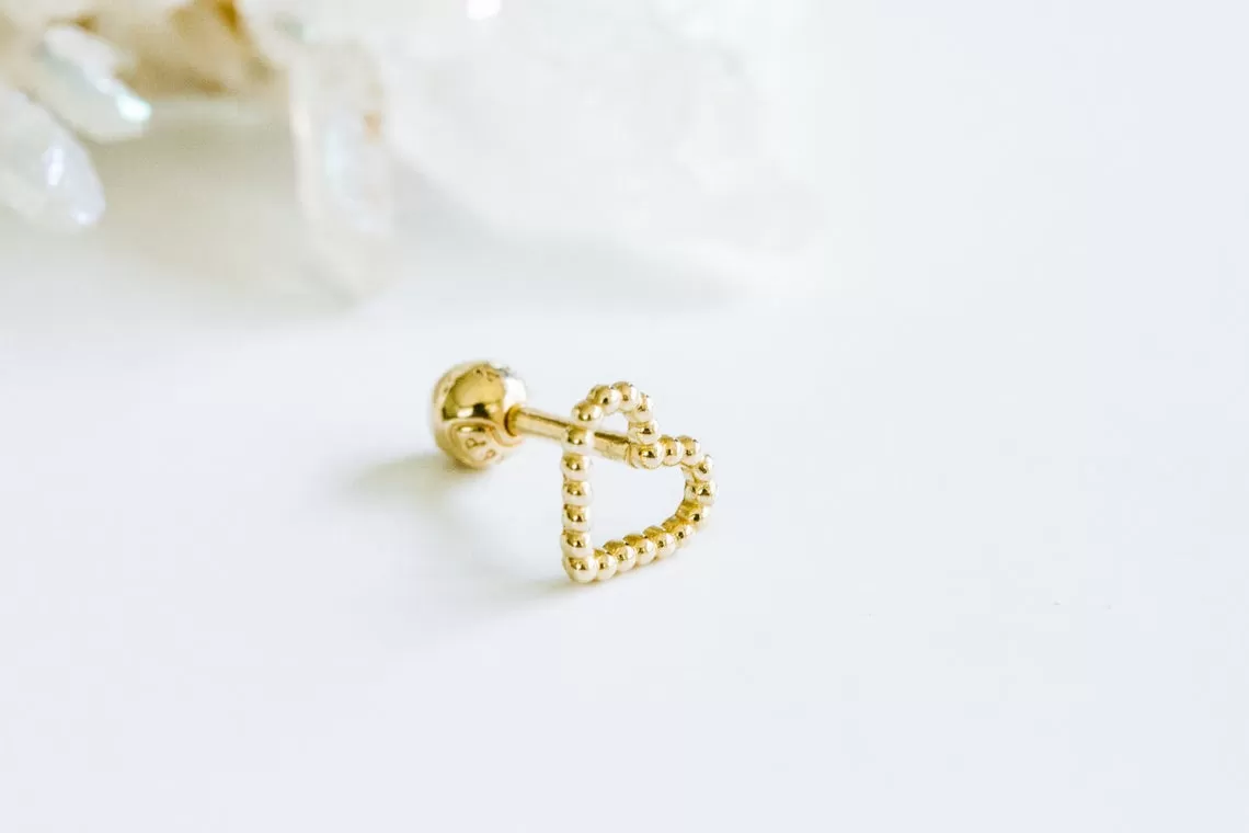 14k Gold Cubic Heart Pendant Barbell Ear Stud Piercing