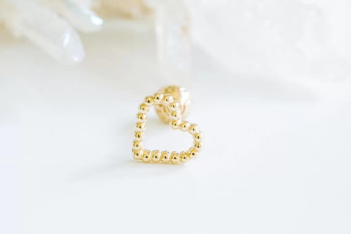 14k Gold Cubic Heart Pendant Barbell Ear Stud Piercing