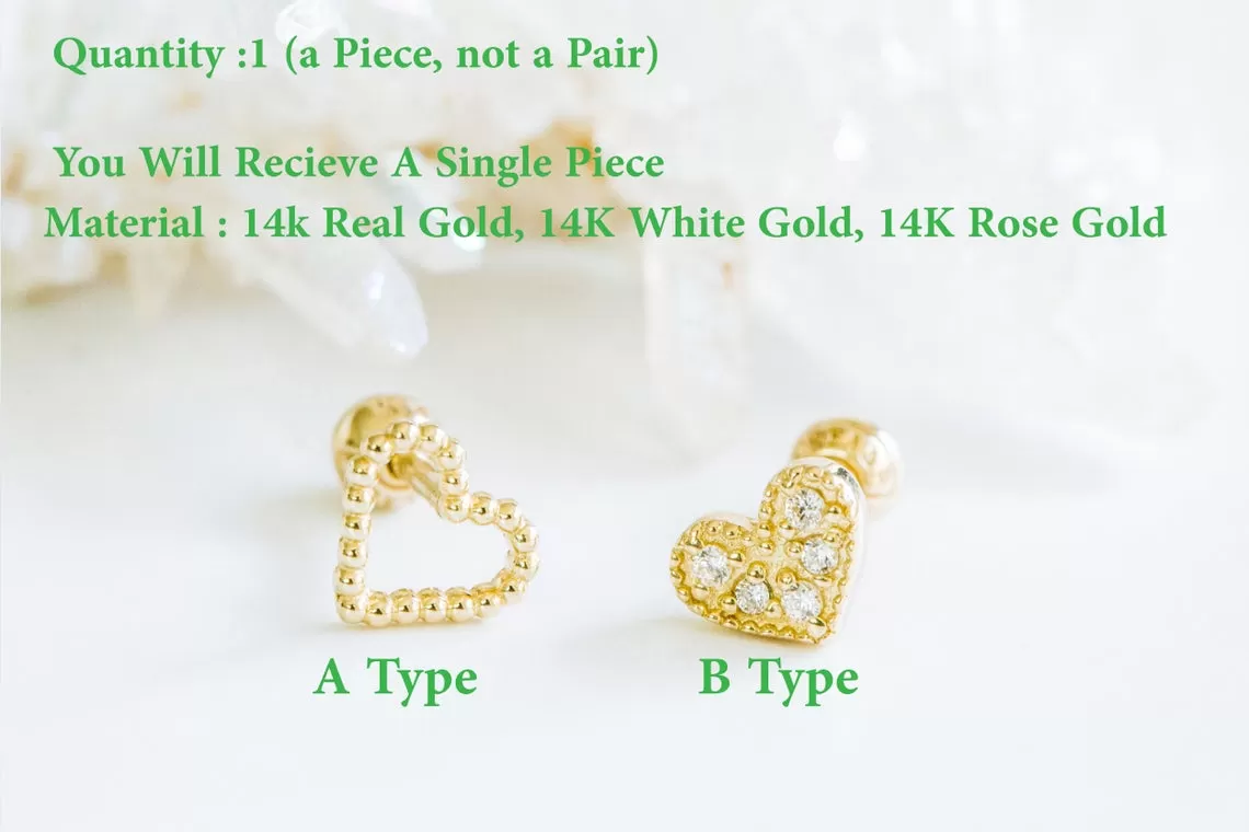 14k Gold Cubic Heart Pendant Barbell Ear Stud Piercing