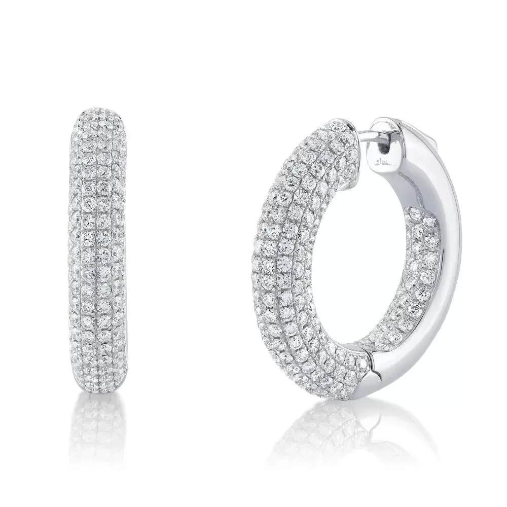 14K White Gold 3.94 Carat Total Weight Diamond Pave Thick Hoop Earrings