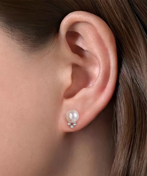 14K White Gold Pearl Post Earrings With Diamond Accents