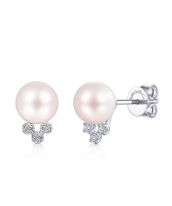 14K White Gold Pearl Post Earrings With Diamond Accents