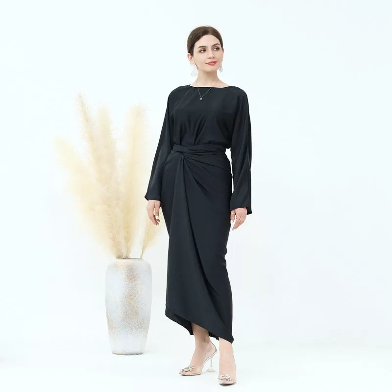 2 Pieces Set Abaya Pants Set Muslim Women Nida Tops And Pant With Midi Wrap