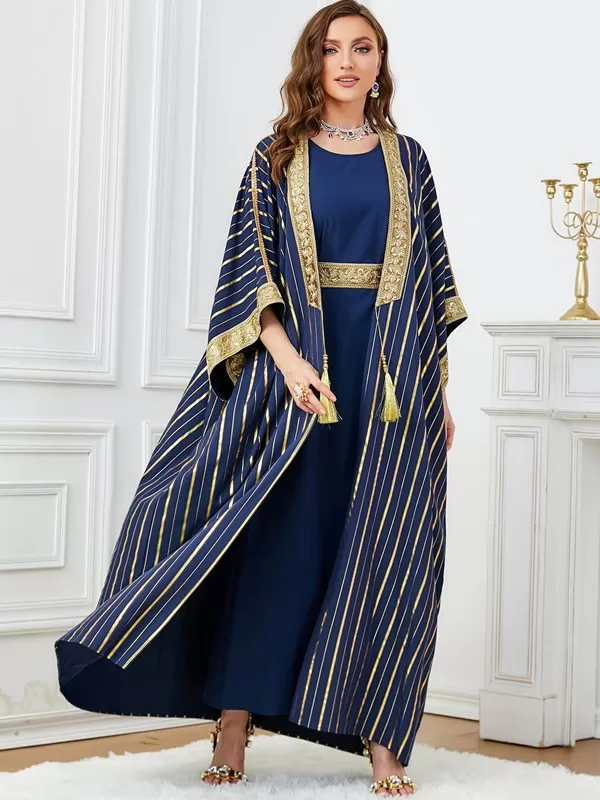 2 Pieces Set Bronzing Women Caftan Kaftan Cardigan Open Abaya Dress