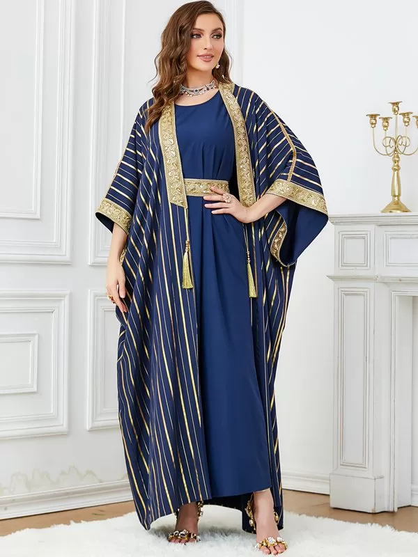 2 Pieces Set Bronzing Women Caftan Kaftan Cardigan Open Abaya Dress