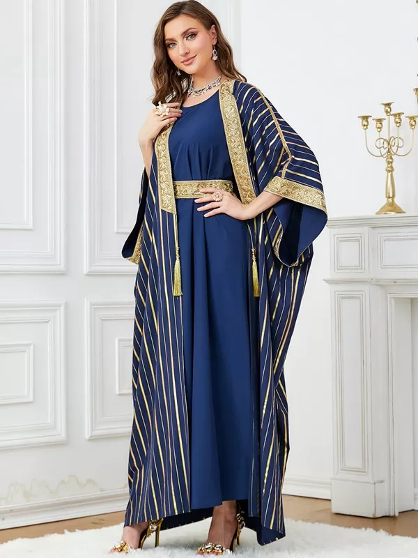 2 Pieces Set Bronzing Women Caftan Kaftan Cardigan Open Abaya Dress