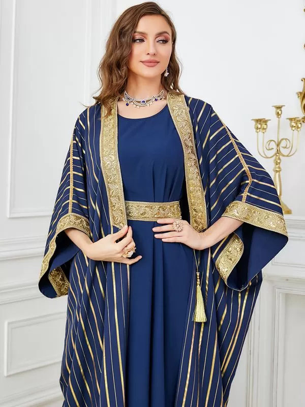 2 Pieces Set Bronzing Women Caftan Kaftan Cardigan Open Abaya Dress