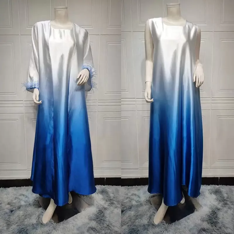 2 Pieces Set Color Gradient Satin Open Abaya Dress With Inner Sleeveless Dress