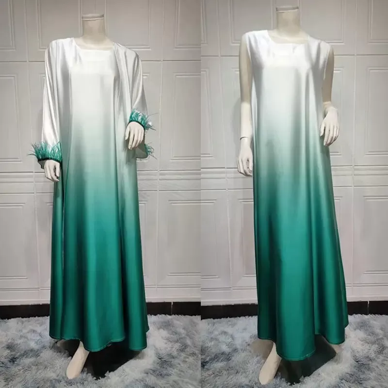 2 Pieces Set Color Gradient Satin Open Abaya Dress With Inner Sleeveless Dress