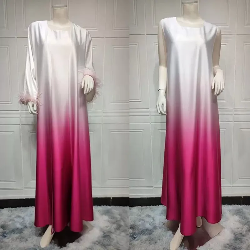 2 Pieces Set Color Gradient Satin Open Abaya Dress With Inner Sleeveless Dress