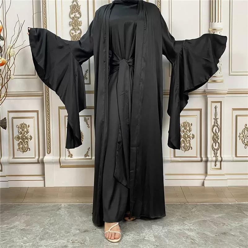 2 Pieces Set Muslim Women Satin Open Abaya Dress