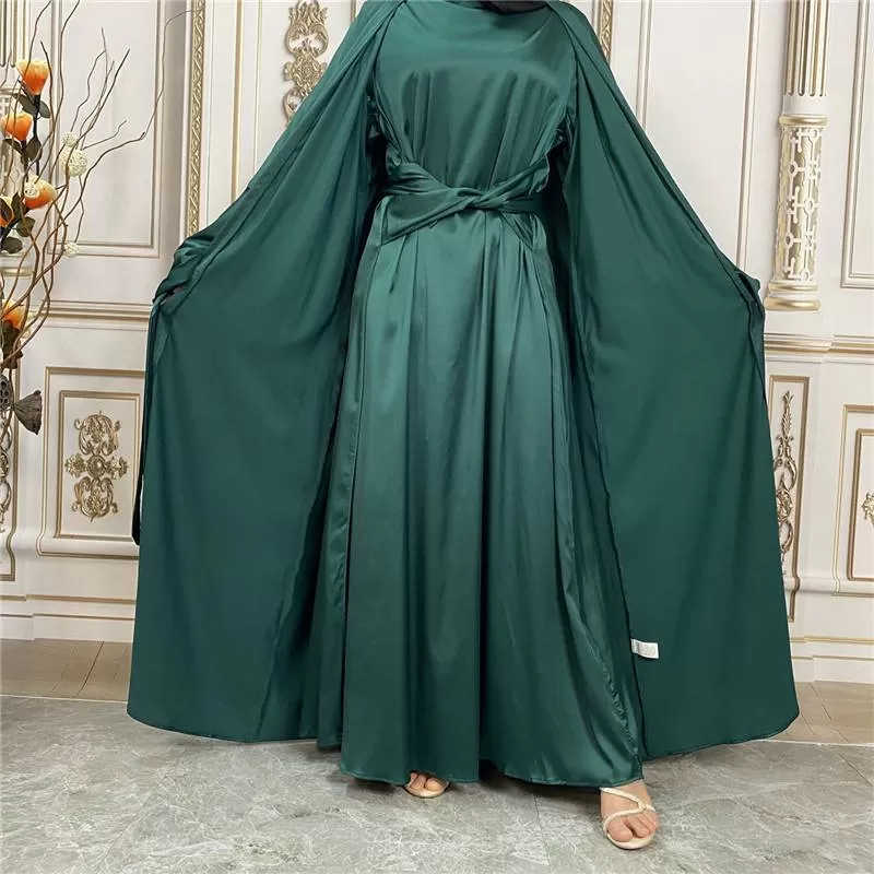 2 Pieces Set Muslim Women Satin Open Abaya Dress