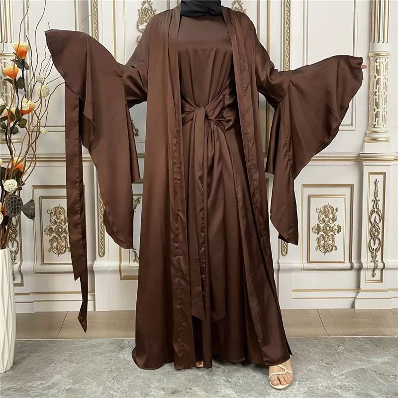 2 Pieces Set Muslim Women Satin Open Abaya Dress