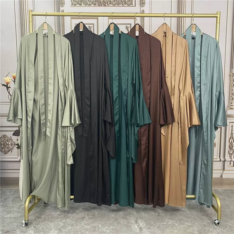 2 Pieces Set Muslim Women Satin Open Abaya Dress