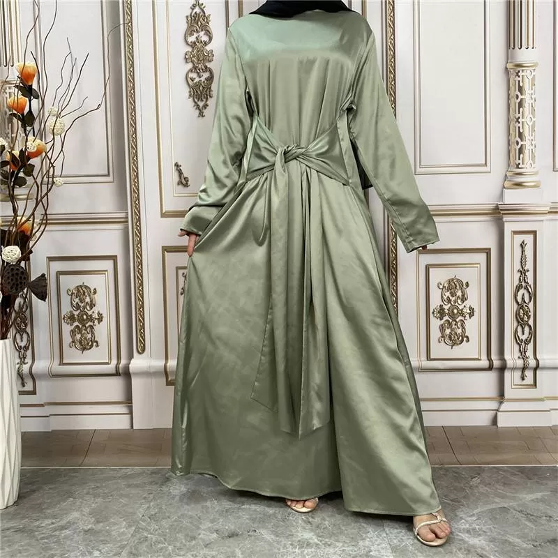 2 Pieces Set Muslim Women Satin Open Abaya Dress