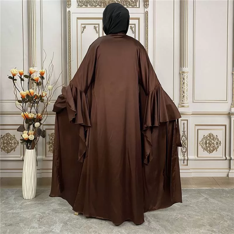 2 Pieces Set Muslim Women Satin Open Abaya Dress