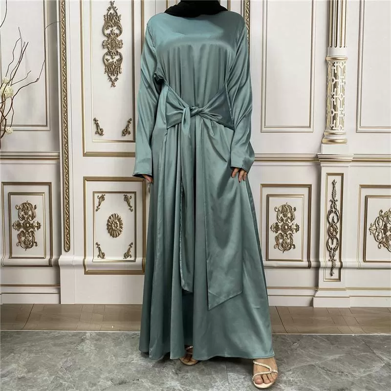 2 Pieces Set Muslim Women Satin Open Abaya Dress