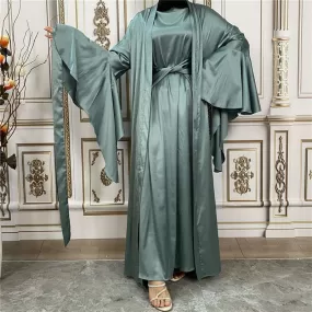 2 Pieces Set Muslim Women Satin Open Abaya Dress