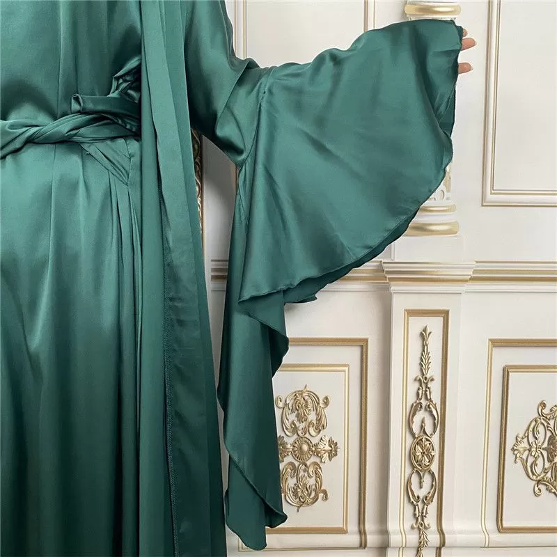 2 Pieces Set Muslim Women Satin Open Abaya Dress