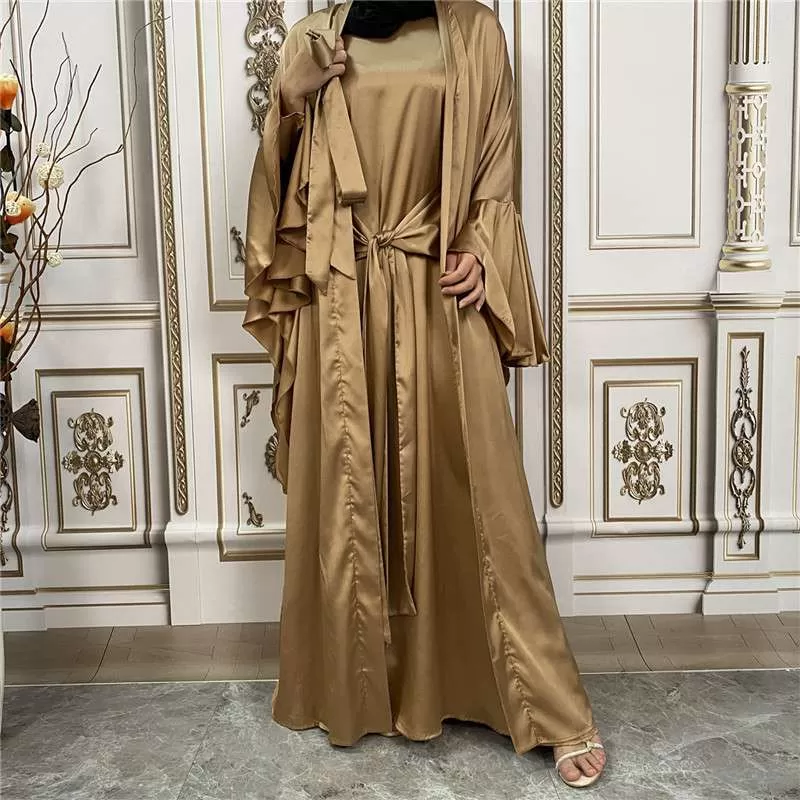 2 Pieces Set Muslim Women Satin Open Abaya Dress