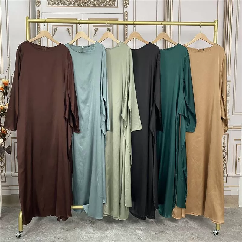 2 Pieces Set Muslim Women Satin Open Abaya Dress