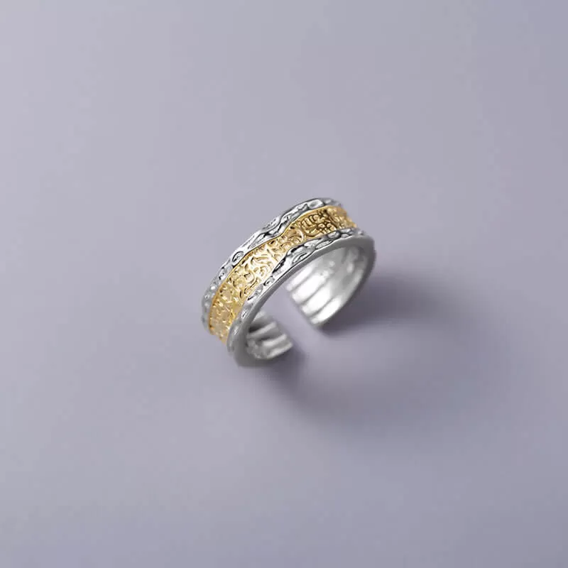 925 Sterling Silver Split Color Irregular Texture Plain Ring