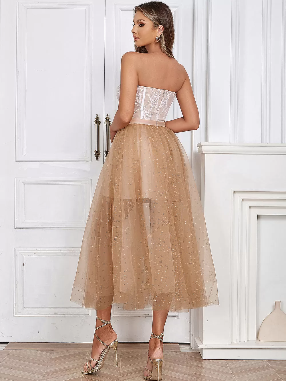 Abito Donna Campana Corpetto Scollo Cuore Merletto Tulle Sottana Elegante Cerimonia