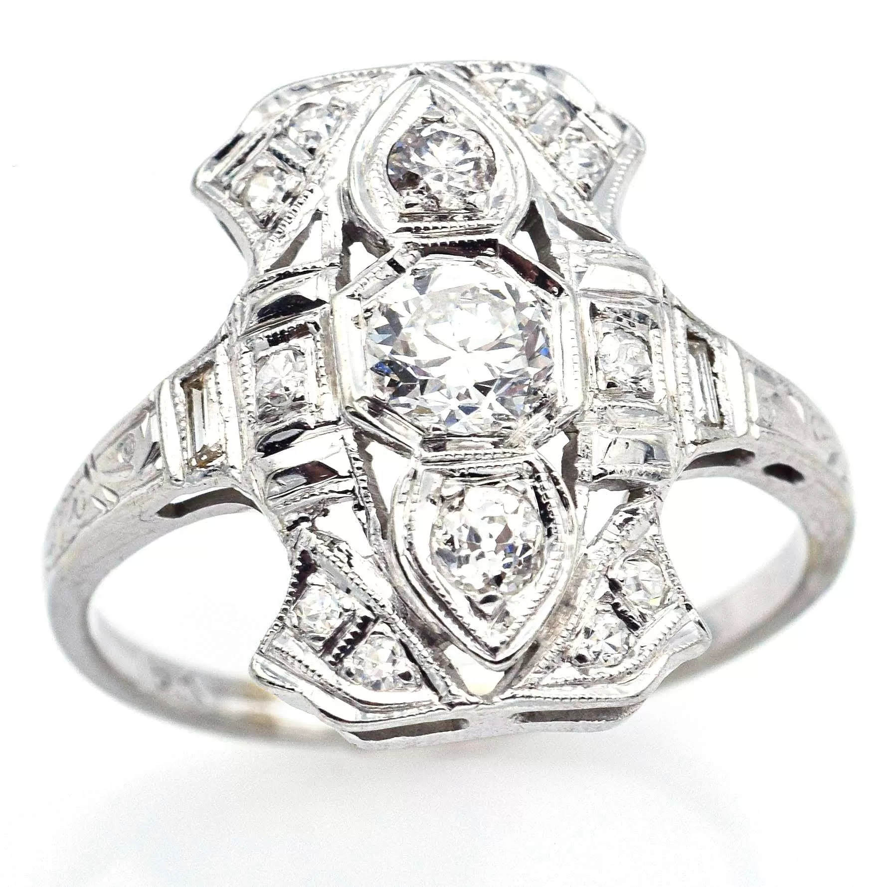 Antique 18K White Gold 0.61 TCW Euro Cut Diamond Cocktail Ring I/J VS-1