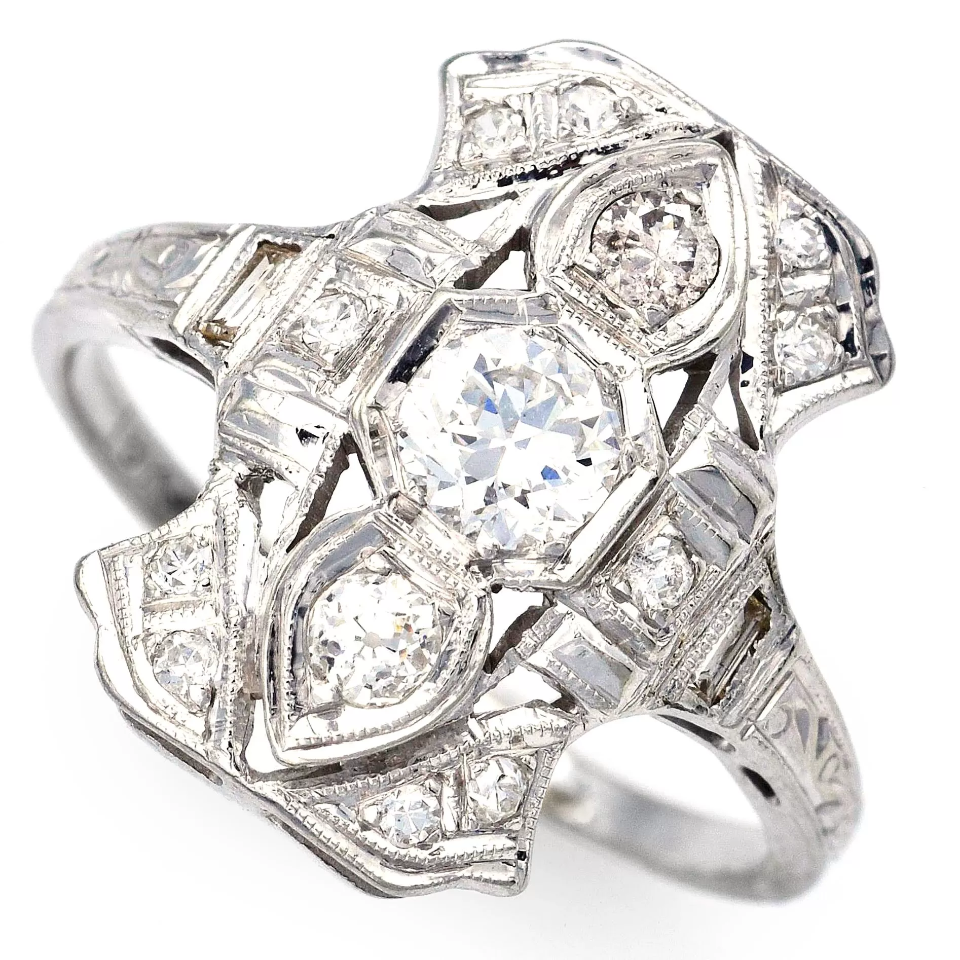 Antique 18K White Gold 0.61 TCW Euro Cut Diamond Cocktail Ring I/J VS-1