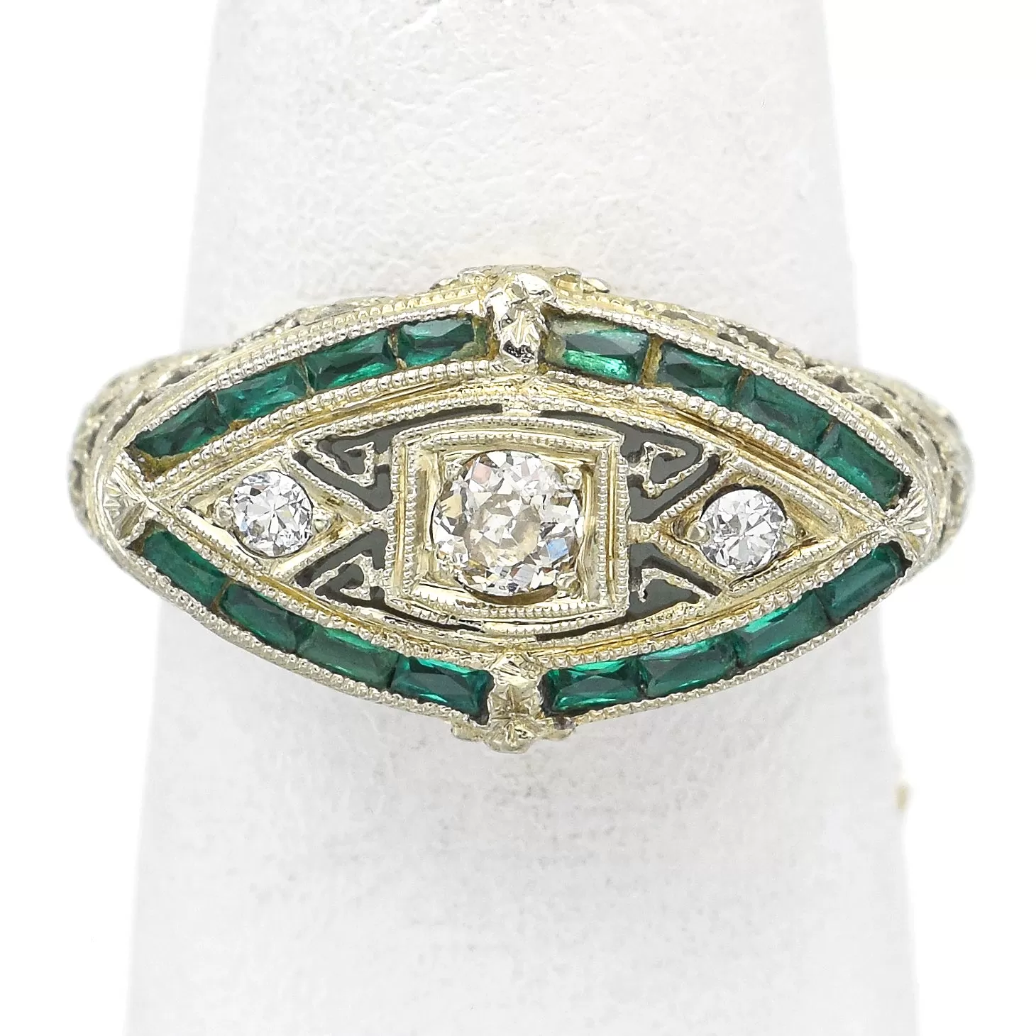 Antique 18K White Gold Diamond & Green Paste Art Deco Band Ring